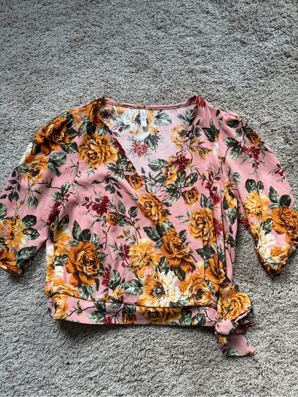 Pink Floral Botanical Wrap Top with Tie, Women’s Xhilaration M